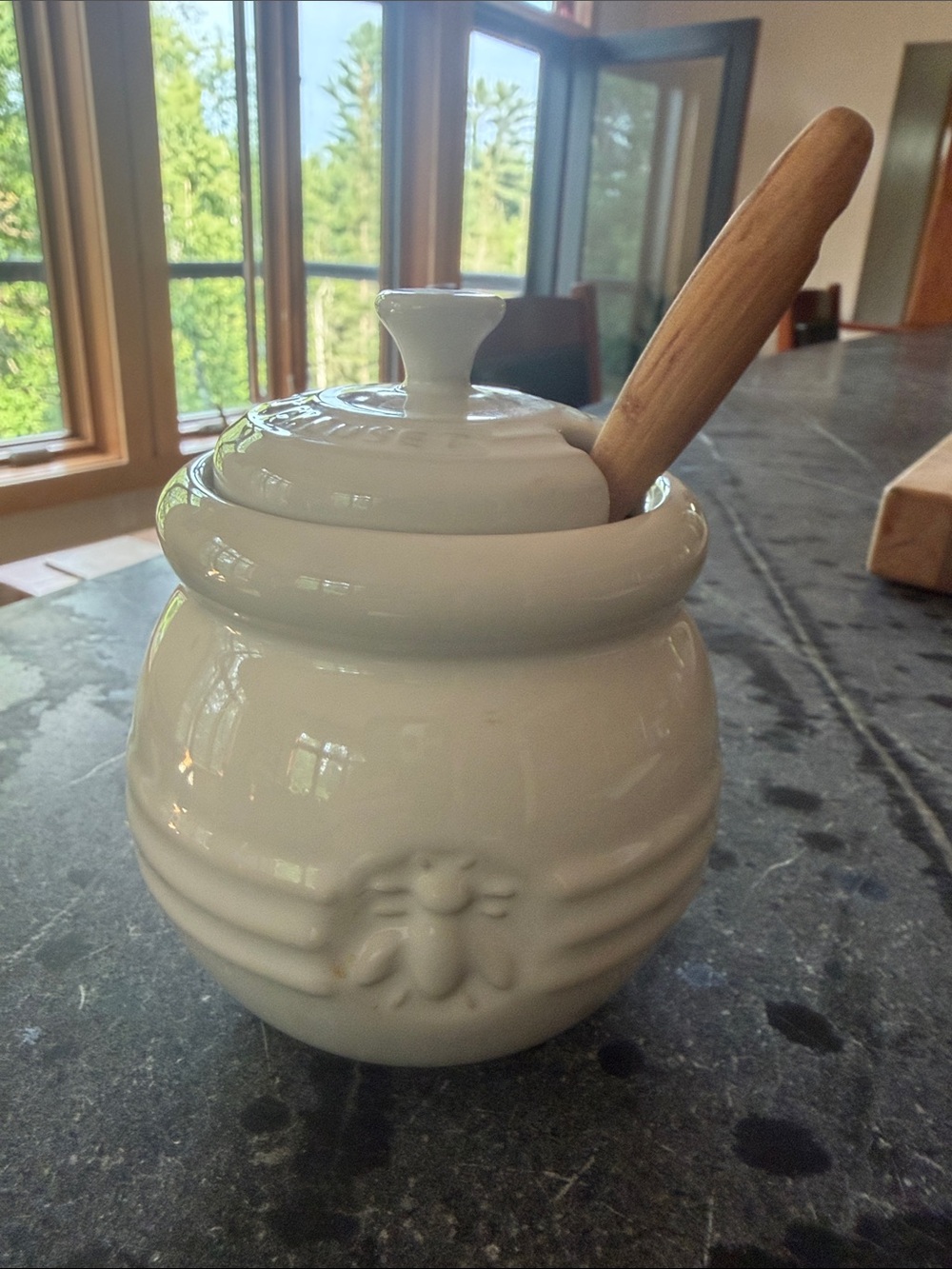Le Creuset Cream Ceramic Honey Pot with Wooden Dipper